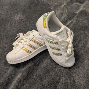 Adidas Kids' Superstar White Sneakers with Iridescent Stripe Accent
